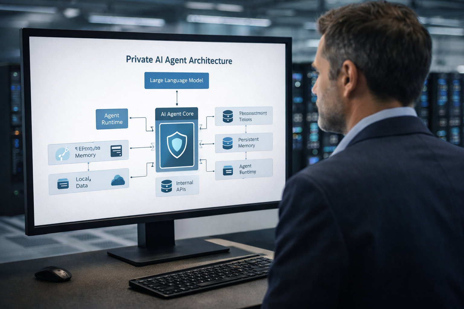 Executive reviewing private AI agent architecture on secure infrastructure.